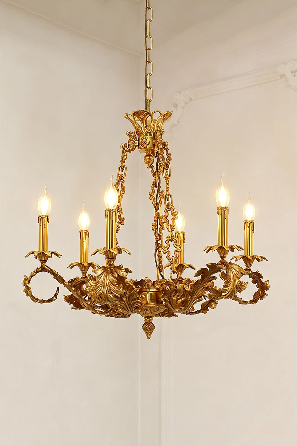 Rurik Acanthus Leaf Brass Chandelier with six lights and intricate floral design in a gold finish