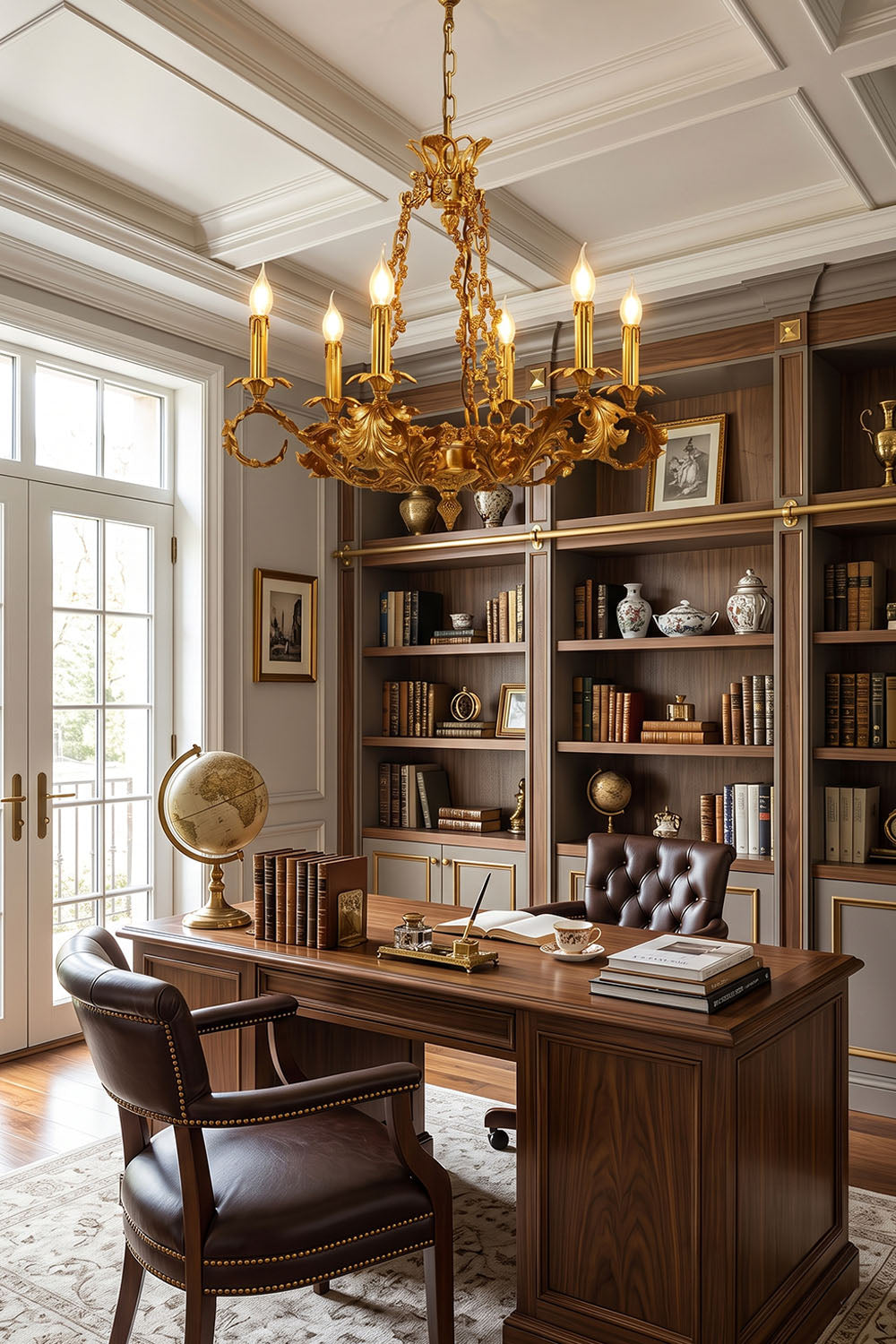 Elegant office setup featuring a Rurik Acanthus Leaf Brass Chandelier illuminating a stylish wooden desk.