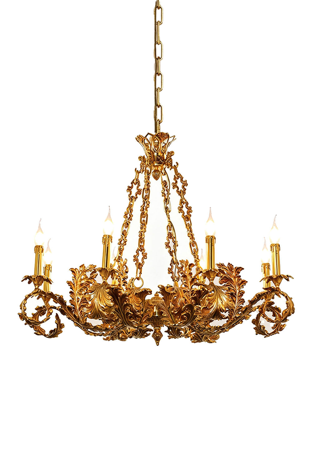 Rurik Acanthus Leaf Brass Chandelier with intricate leaf design and six candle holders.