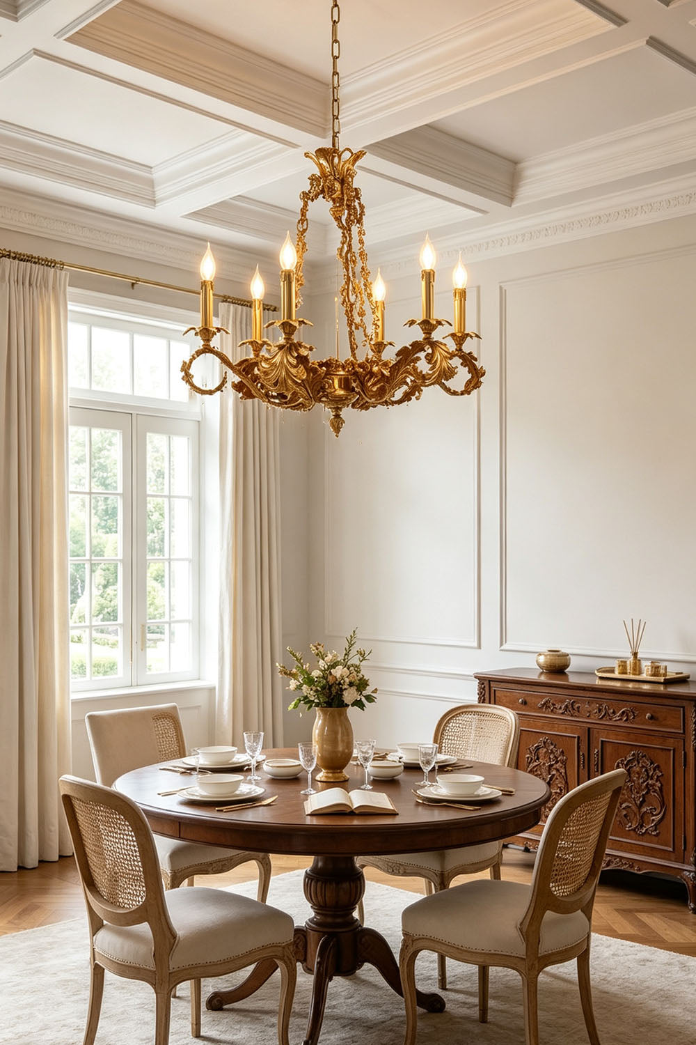 Rurik Acanthus Leaf Brass Chandelier elegantly illuminating a dining room with a round table and classic decor.