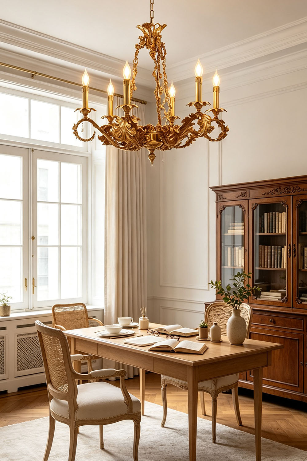 Rurik Acanthus Leaf Brass Chandelier lighting up a modern dining room with elegant decor.