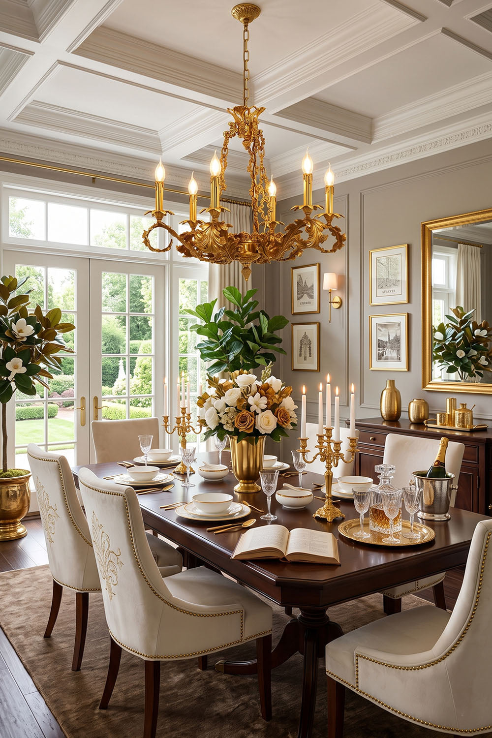 Rurik Acanthus Leaf Brass Chandelier illuminating an elegant dining room setup with floral arrangements.