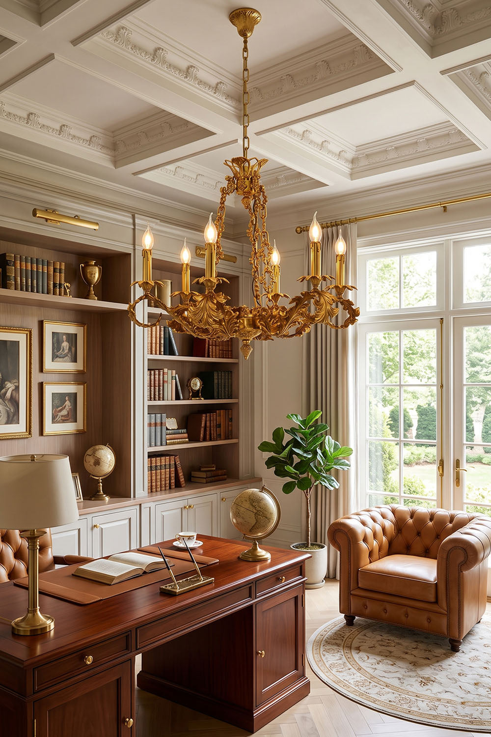 Rurik Acanthus Leaf Brass Chandelier hanging elegantly in a classic study, illuminating rich wood furniture and cozy decor.