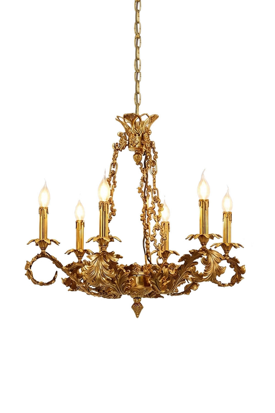 Rurik Acanthus Leaf Brass Chandelier with ornate design and six elegant candle-style lights.