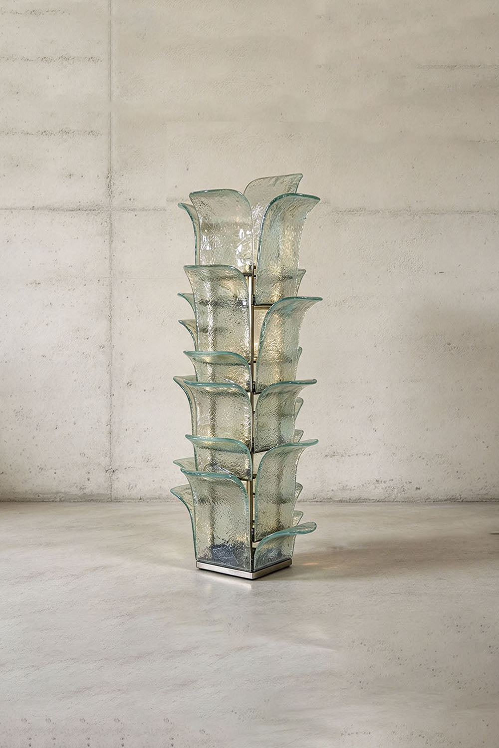 Saubrenne Glass Leaf Tiered Floor Lamp | Textured Glass and Brass | Studio product view of the clear glass leaf variant on a plain background | Samu Lamp