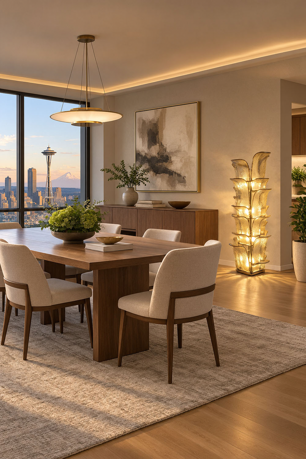 Saubrenne Glass Leaf Tiered Floor Lamp | Textured Glass and Brass | Centered in a luxury high-rise dining space with evening city views | Samu Lamp