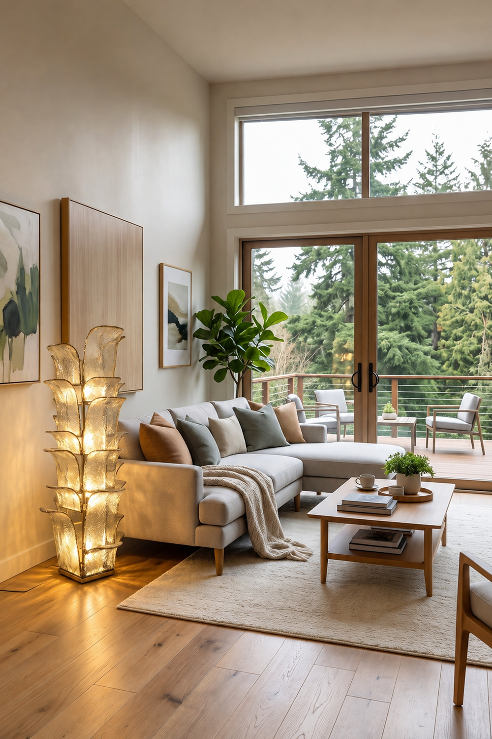 Saubrenne Glass Leaf Tiered Floor Lamp | Textured Glass and Brass | Displayed in a modern living room corner with beige sectional sofa and forest view | Samu Lamp