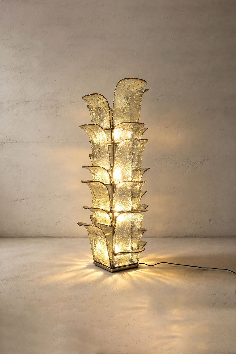 Saubrenne Glass Leaf Tiered Floor Lamp | Textured Glass and Brass | Full studio product shot illuminated brightly against a plain backdrop | Samu Lamp