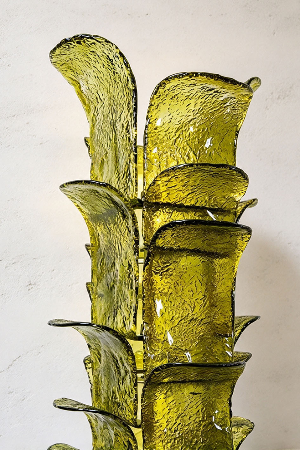 Saubrenne Glass Leaf Tiered Floor Lamp | Textured Glass and Brass | Close-up vertical profile showing the top tiered green glass leaf structure | Samu Lamp