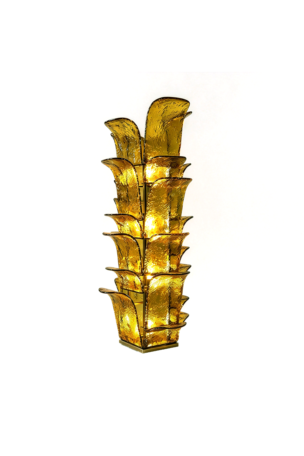Saubrenne Glass Leaf Tiered Floor Lamp | Textured Glass and Brass | Front full view on a pure white background, illuminated | Samu Lamp
