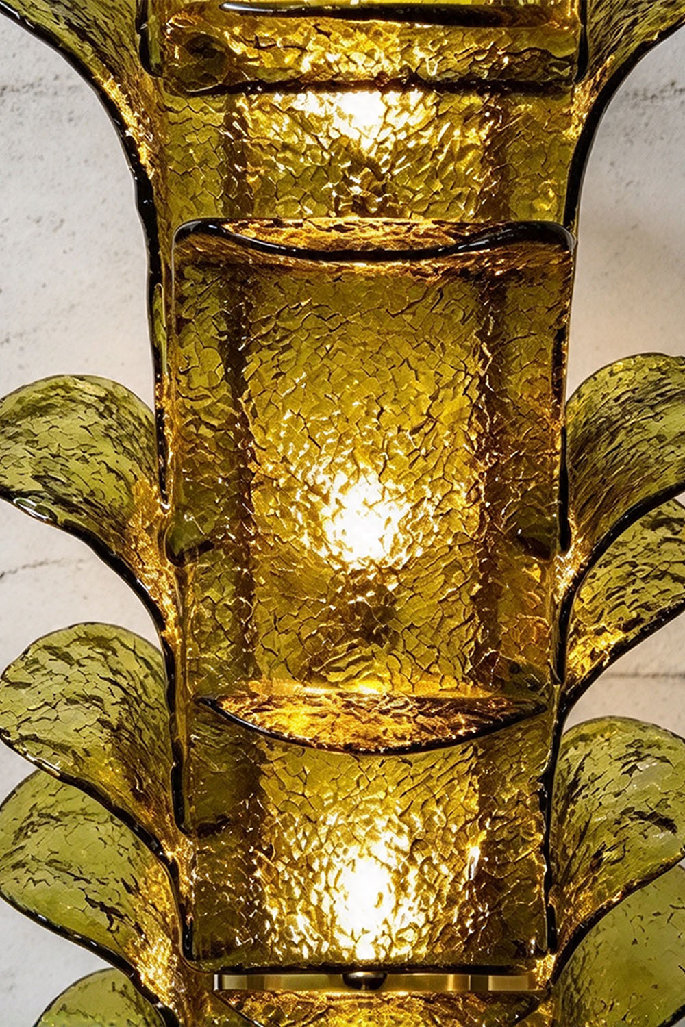 Saubrenne Glass Leaf Tiered Floor Lamp | Textured Glass and Brass | Close-up front view showing stacked green glass leaves on the brass column | Samu Lamp