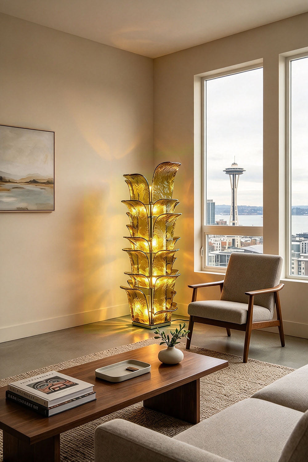 Saubrenne Glass Leaf Tiered Floor Lamp | Textured Glass and Brass | Lighting a cozy lounge reading corner beside an armchair and tall window | Samu Lamp
