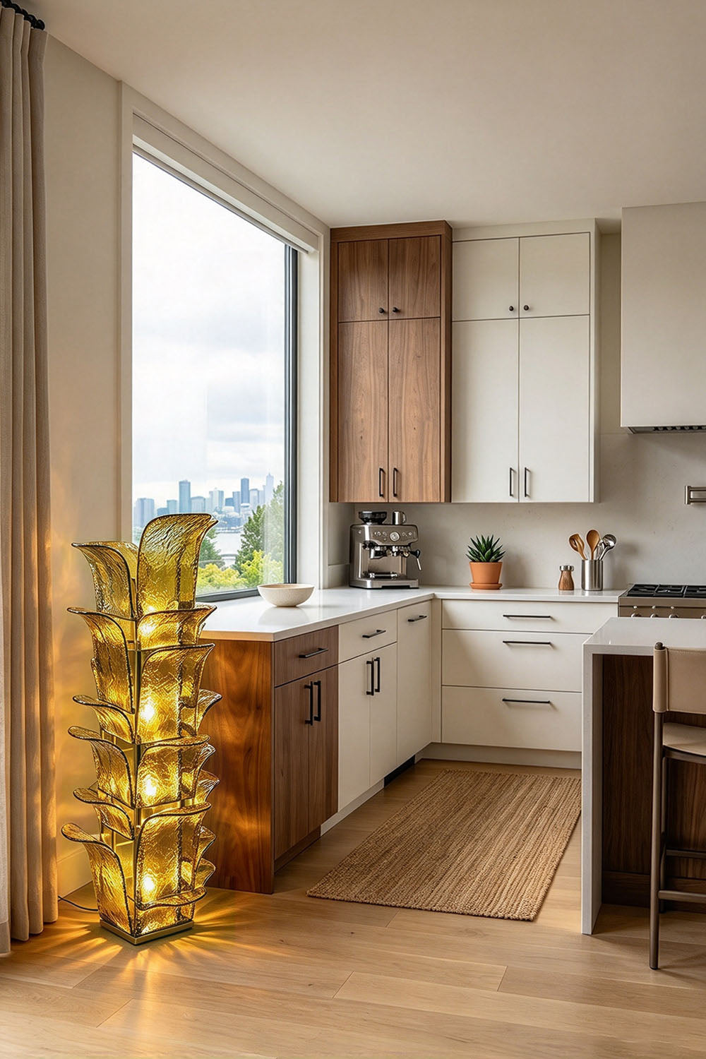 Saubrenne Glass Leaf Tiered Floor Lamp | Textured Glass and Brass | Positioned in a bright kitchen dining space near modern cabinetry and window | Samu Lamp
