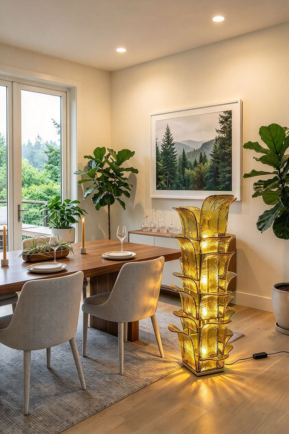 Saubrenne Glass Leaf Tiered Floor Lamp | Textured Glass and Brass | Placed in the corner of an elegant dining room near a wooden dining set | Samu Lamp