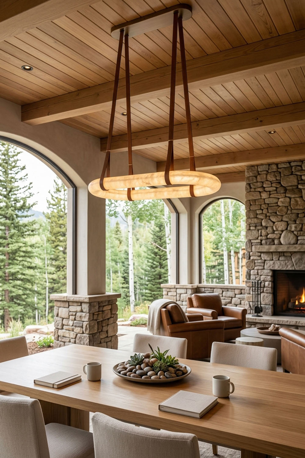 Selwyn Racetrack Alabaster Leather Pendant Light | Natural Alabaster, Leather and Metal | Displayed in a rustic dining room with stone fireplace and wood ceiling | Samu Lamp