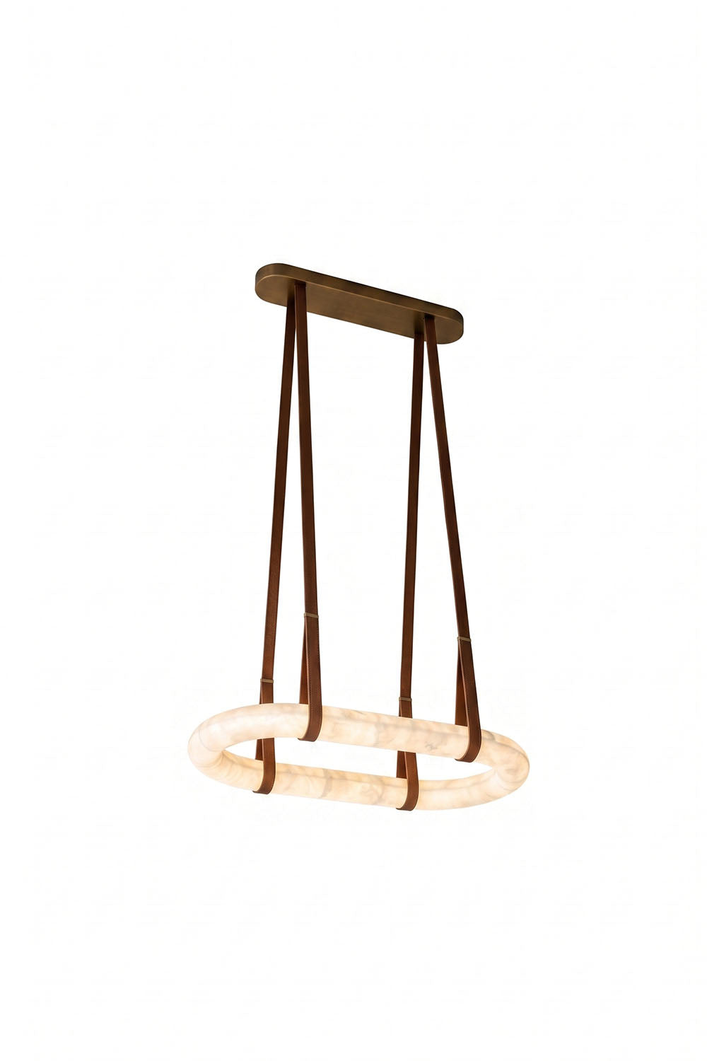 Selwyn Racetrack Alabaster Leather Pendant Light | Natural Alabaster, Leather and Metal | Front full view on a pure white background, illuminated | Samu Lamp