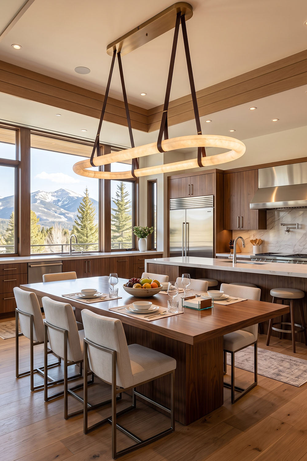 Selwyn Racetrack Alabaster Leather Pendant Light | Natural Alabaster, Leather and Metal | Suspended over a wooden kitchen island counter with bar stools | Samu Lamp