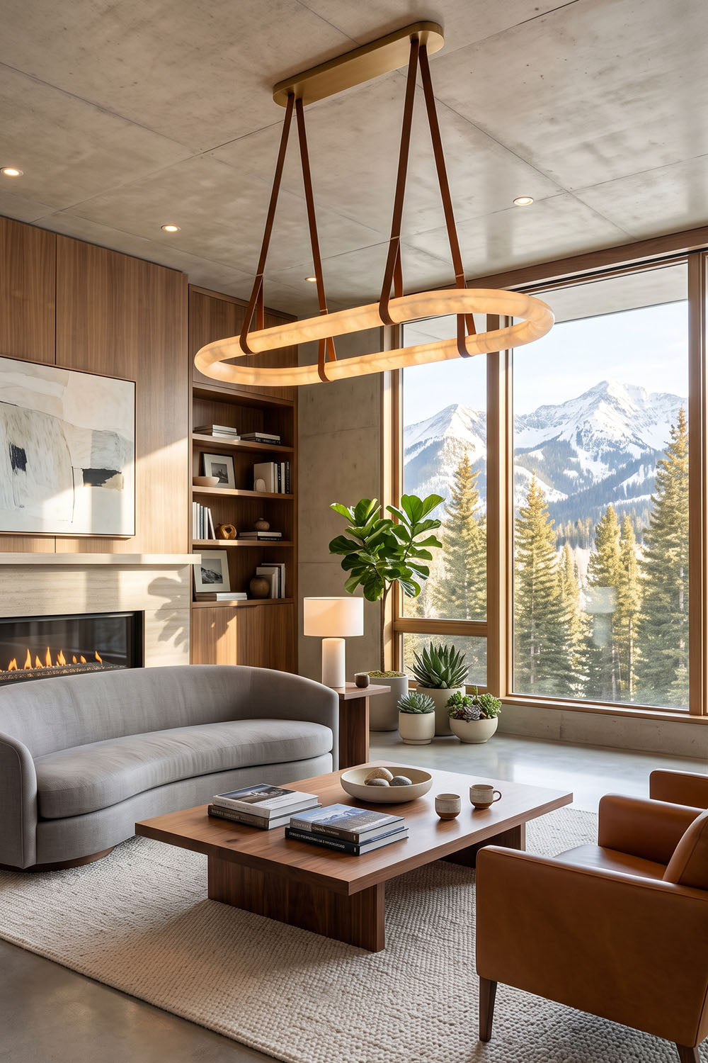 Selwyn Racetrack Alabaster Leather Pendant Light | Natural Alabaster, Leather and Metal | Centered in a modern living room with grey sectional sofa and large windows | Samu Lamp