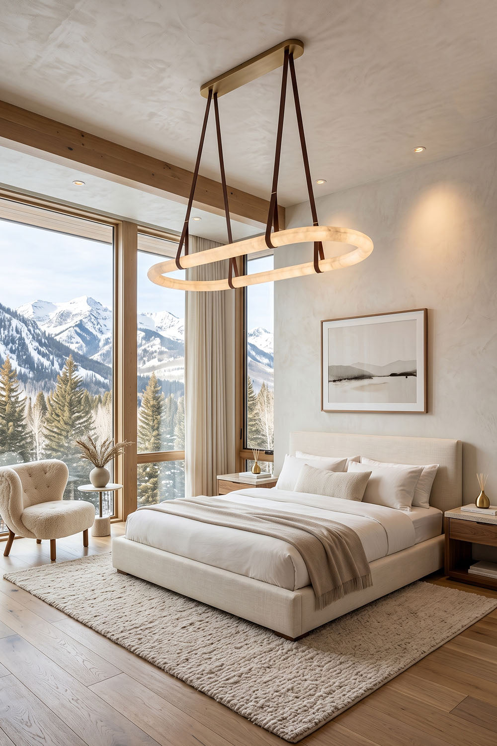 Selwyn Racetrack Alabaster Leather Pendant Light | Natural Alabaster, Leather and Metal | Hanging above a plush bed in a bedroom with snow mountain views | Samu Lamp
