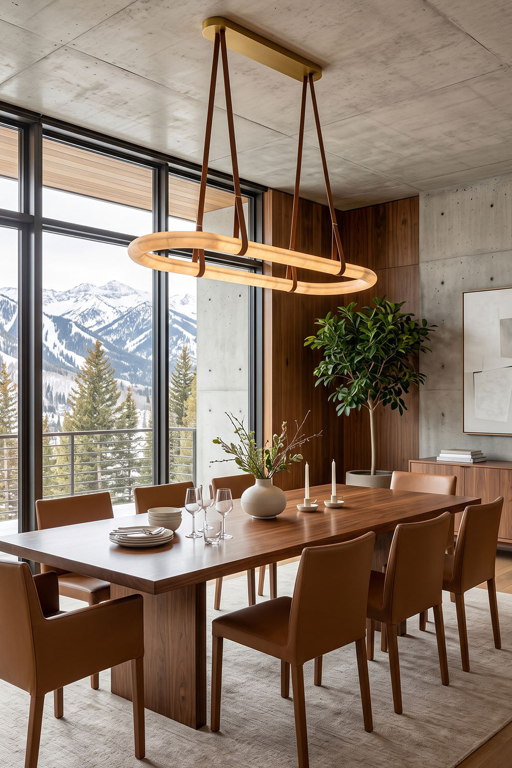 Selwyn Racetrack Alabaster Leather Pendant Light | Natural Alabaster, Leather and Metal | Suspended over a long wooden dining table with brown leather chairs | Samu Lamp