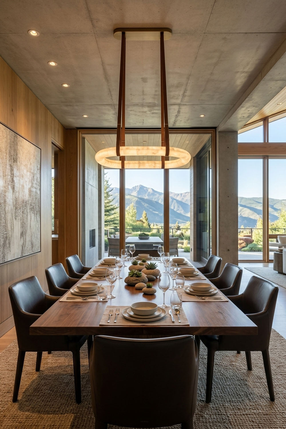 Selwyn Racetrack Alabaster Leather Pendant Light | Natural Alabaster, Leather and Metal | Centered above a formal dining table in a room with scenic mountain views | Samu Lamp