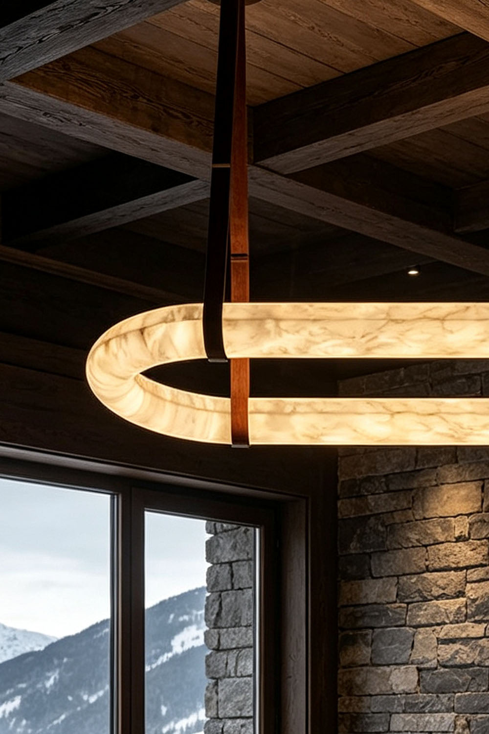 Selwyn Racetrack Alabaster Leather Pendant Light | Natural Alabaster, Leather and Metal | Close-up detail of the illuminated alabaster ring near a scenic window | Samu Lamp