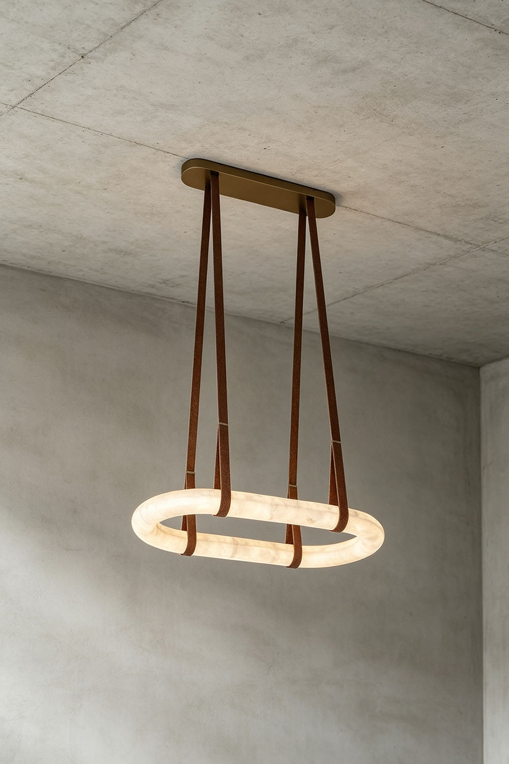 Selwyn Racetrack Alabaster Leather Pendant Light | Natural Alabaster, Leather and Metal | Full product view hanging against a plain concrete wall backdrop | Samu Lamp