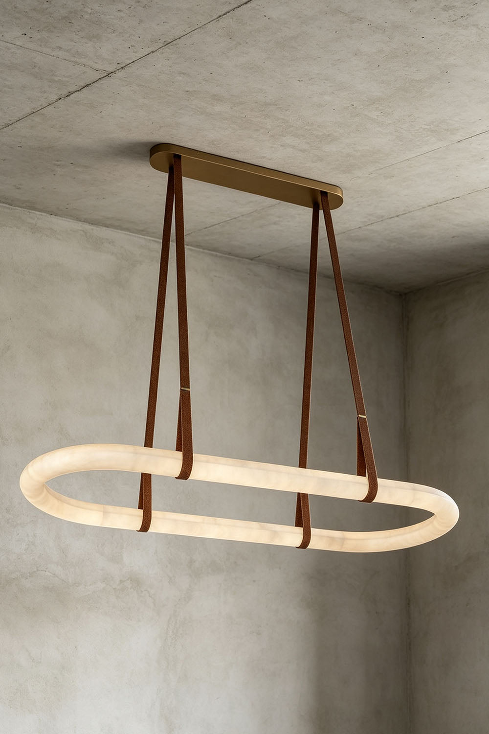 Selwyn Racetrack Alabaster Leather Pendant Light | Natural Alabaster, Leather and Metal | Front illuminated view of the oval alabaster pendant on a neutral wall | Samu Lamp