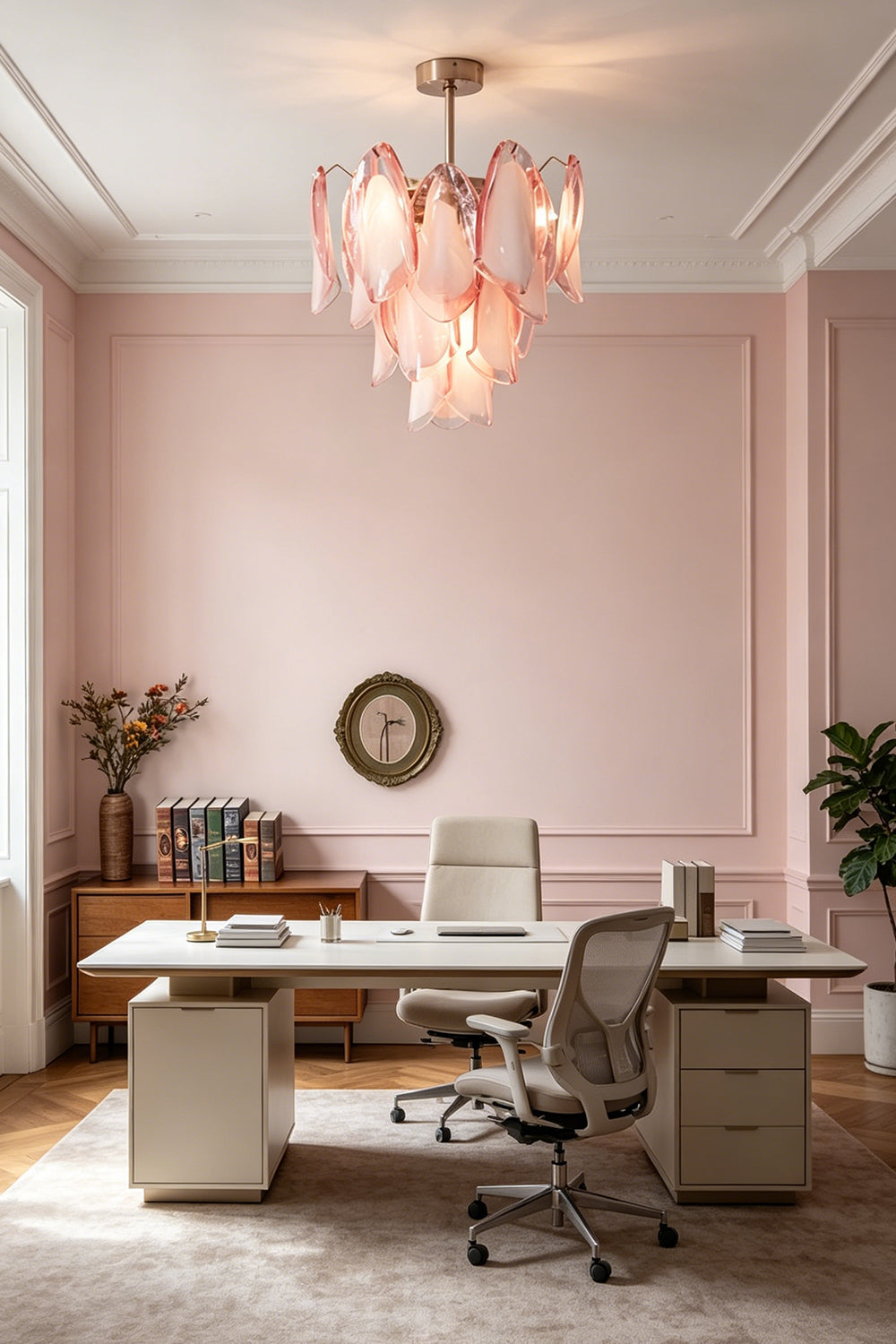 Seraph petal glass ceiling light in a modern office | Metal, Glass | Interior scene with a large white desk and office chair | Samu Lamp
