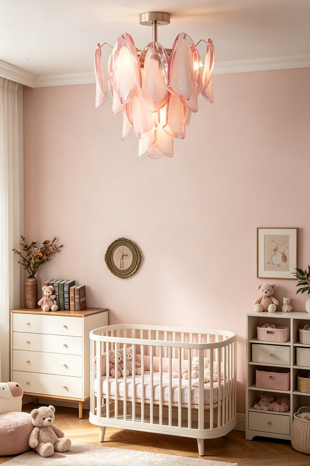 Seraph petal glass ceiling lamp in a nursery | Metal, Glass | Installed above a white crib in a room with pink walls | Samu Lamp