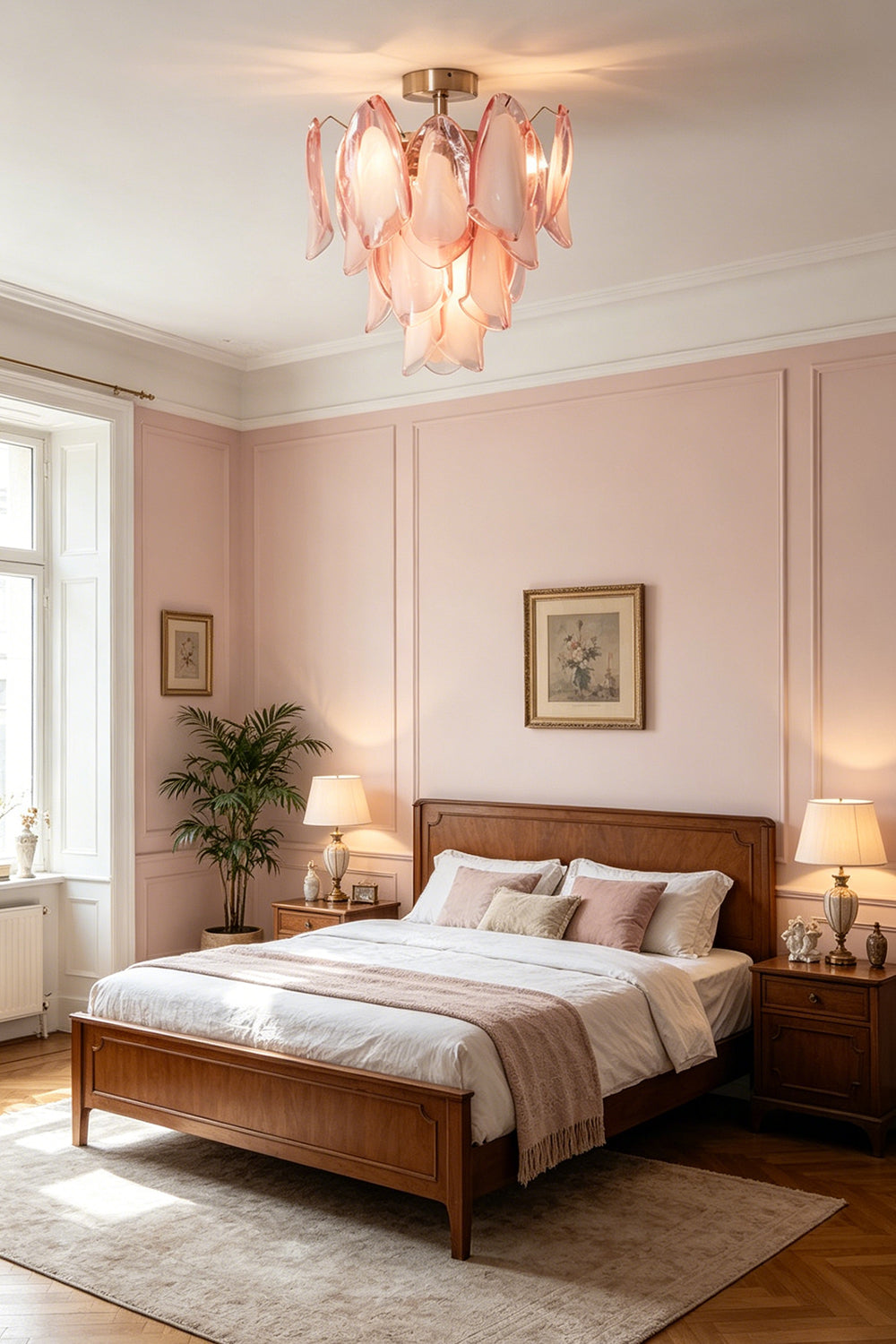 Elegant pink petal glass ceiling light in a bedroom | Metal, Glass | Centered over a wooden bed in a bright interior | Samu Lamp