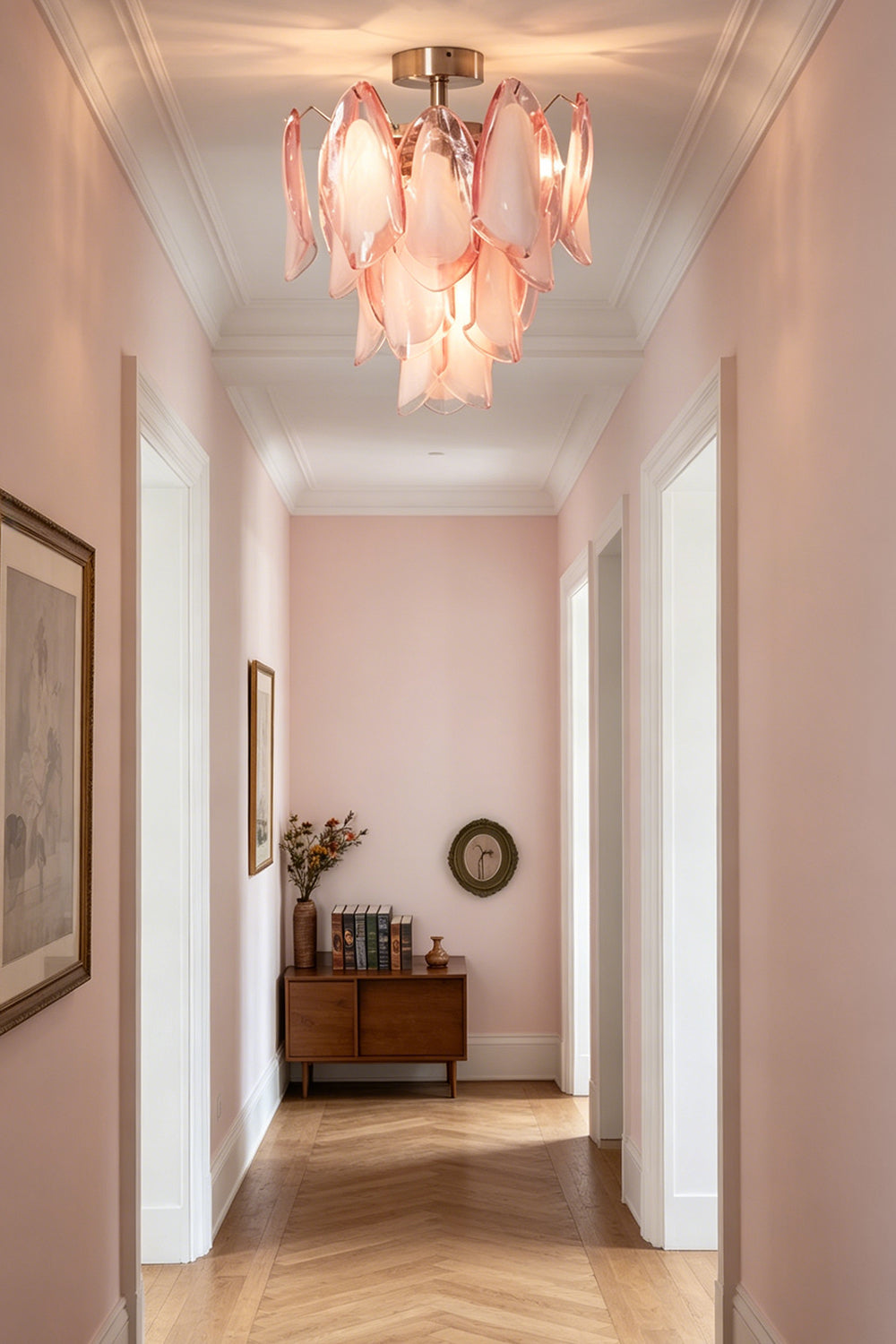 Seraph petal glass ceiling light in a long pink corridor | Metal, Glass | Perspective view of a hallway with a wooden cabinet | Samu Lamp
