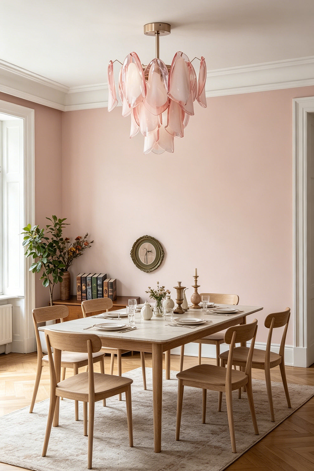 Pink glass petal ceiling light in a dining area | Metal, Glass | Installed over a wooden table and chairs in a pink room | Samu Lamp