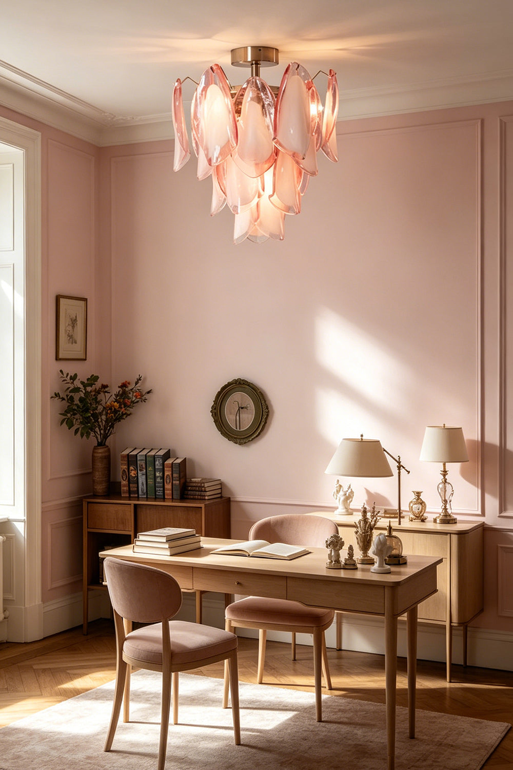 Pink petal glass ceiling light in a home office | Metal, Glass | Interior scene with pink walls and a wooden desk | Samu Lamp
