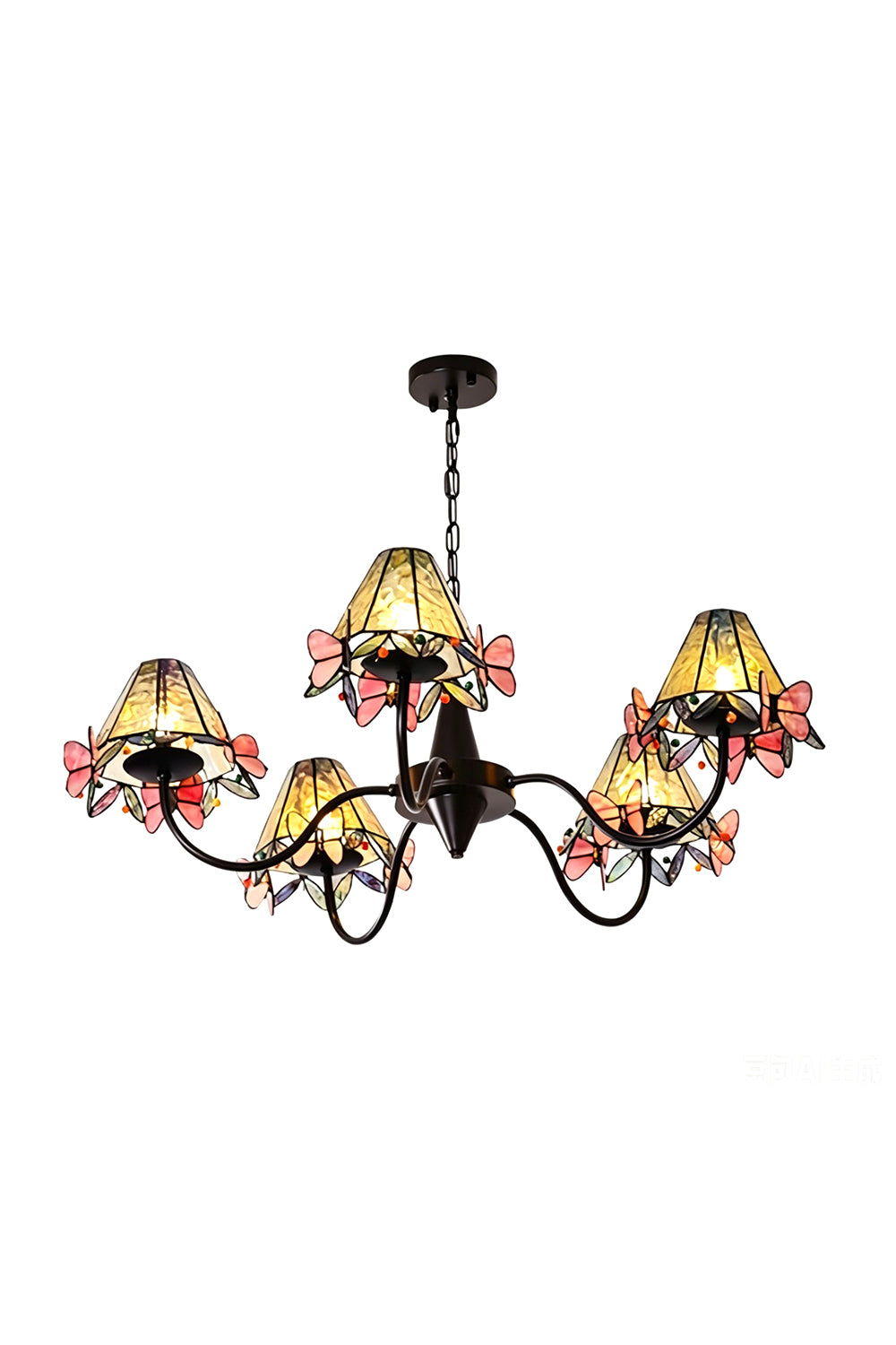 Seraphina Stained Glass Chandelier | Glass, Metal | Multi-arm Tiffany-style stained glass chandelier with yellow panels and pink butterfly motifs on curved black metal arms | Isolated lit product shot on white background | Samu Lamp