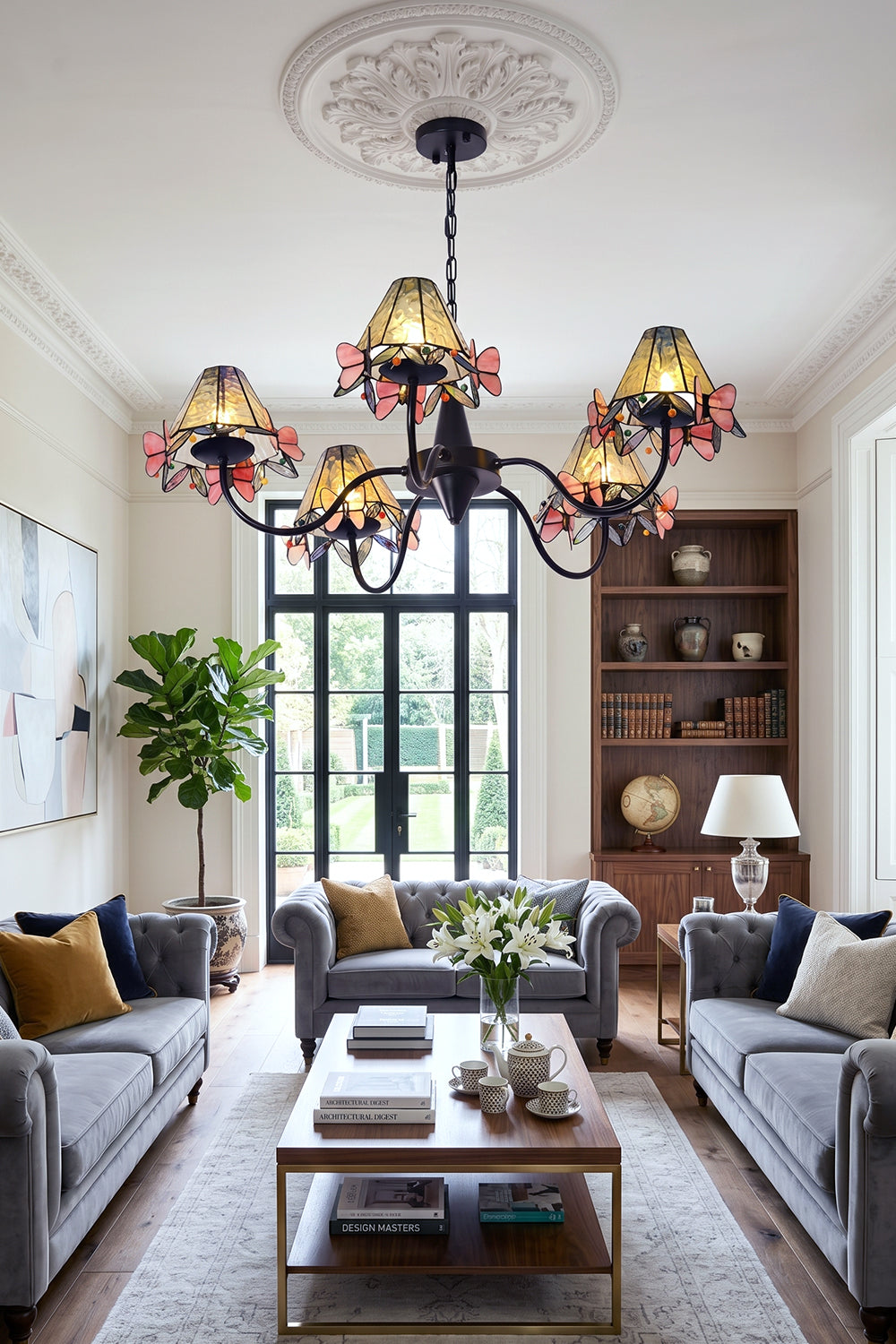 Seraphina Stained Glass Chandelier | Glass, Metal | Installed below an ornate ceiling medallion as a luxurious center light in a sophisticated grey living room | Samu Lamp