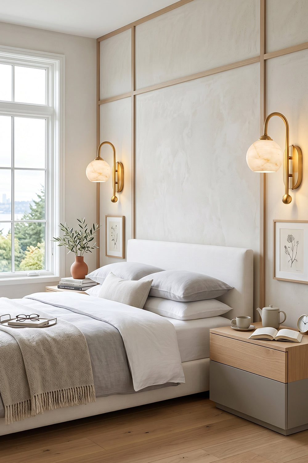 Seraphine Alabaster Globe Wall Sconce illuminating a modern bedroom with a cozy bed and natural decor.