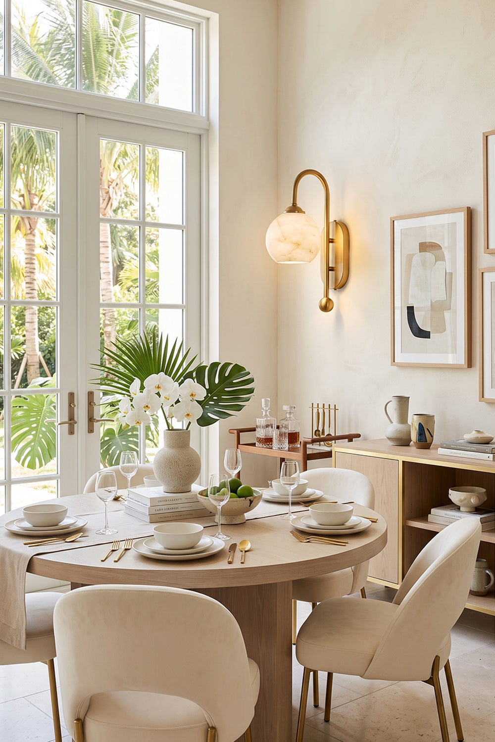 Seraphine Alabaster Globe Wall Sconce illuminating a modern dining area with elegant decor and natural light.