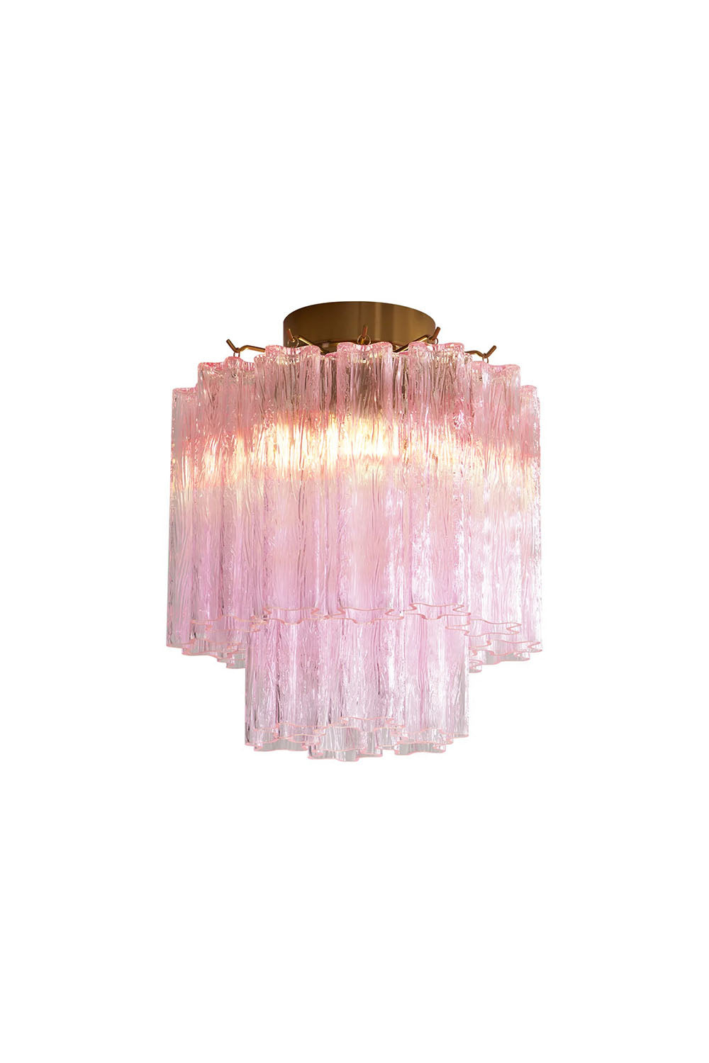 Seraphine Starburst Glass Tube Ceiling Light | Pink Glass and Brass | Front full view on a pure white background, illuminated | Samu Lamp