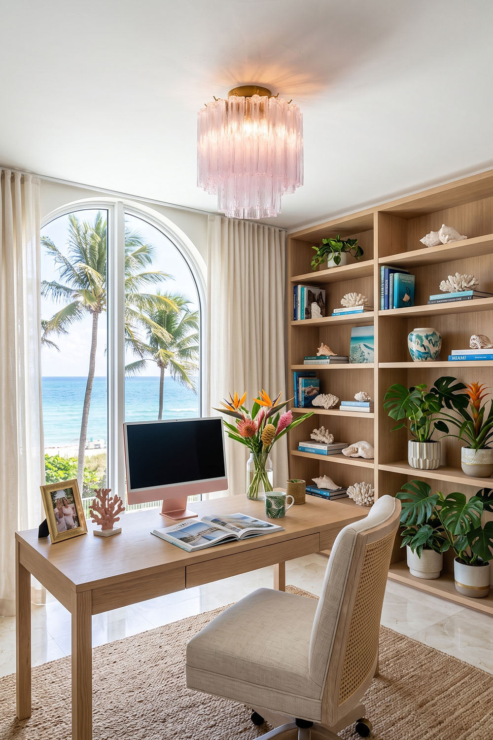 Seraphine Starburst Glass Tube Ceiling Light | Pink Glass and Brass | Installed in a bright home office with wooden desk and ocean view | Samu Lamp