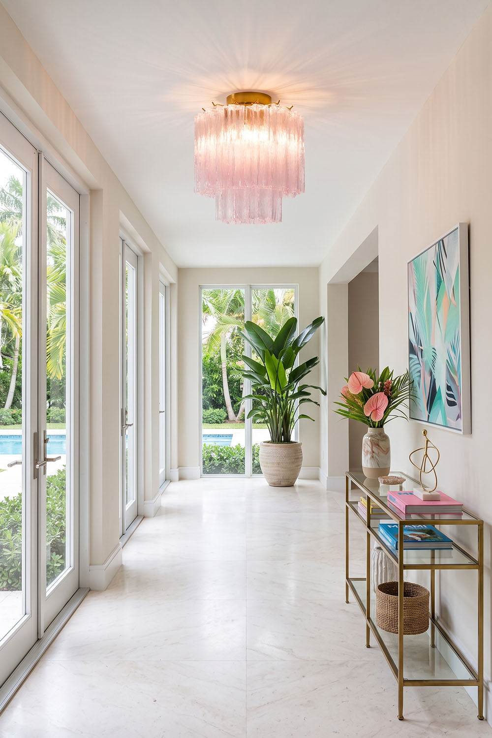 Seraphine Starburst Glass Tube Ceiling Light | Pink Glass and Brass | Illuminating a bright long hallway corridor with glass doors | Samu Lamp