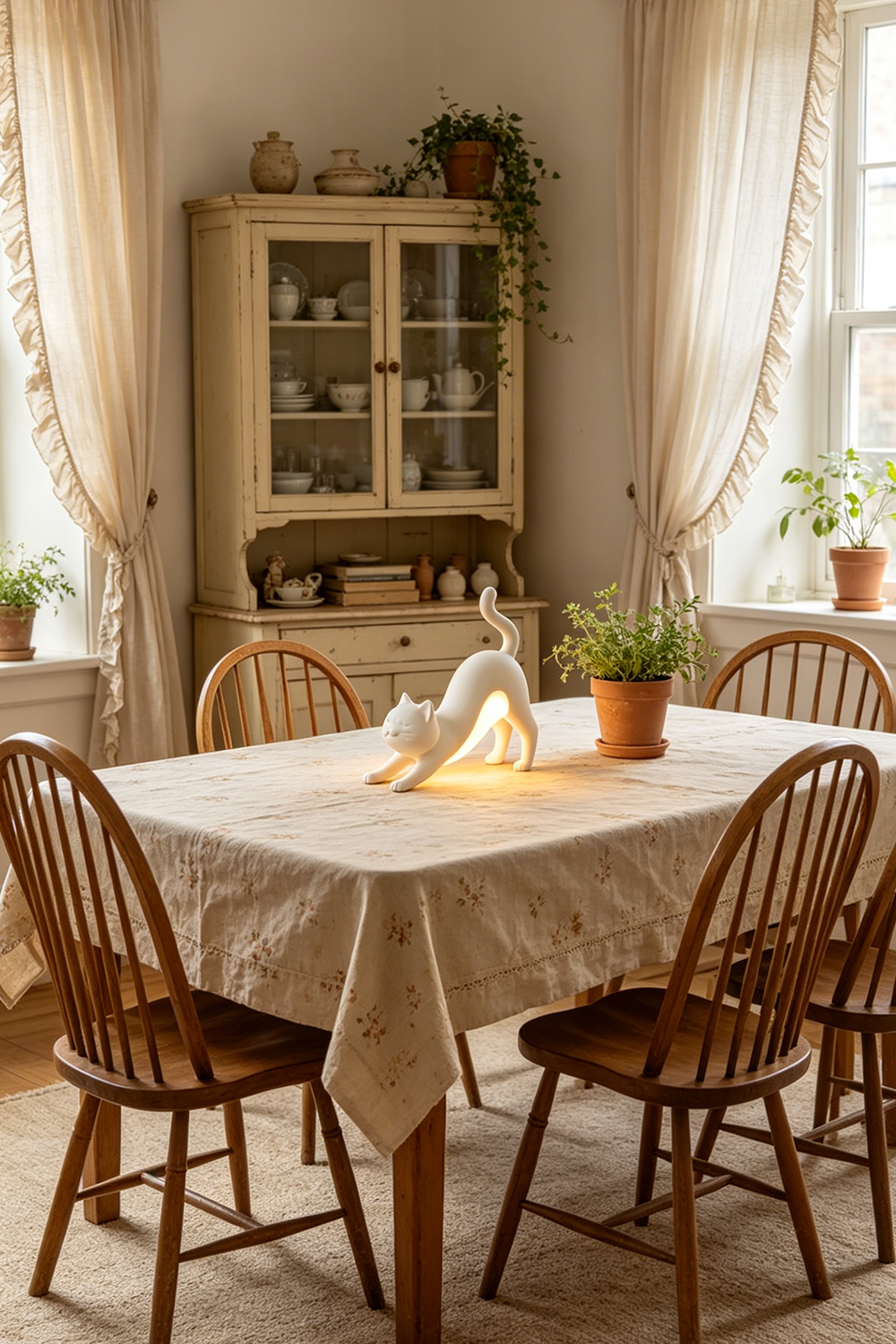 Feline ambient mood light | resin | on a dining table with linen tablecloth | Samu Lamp