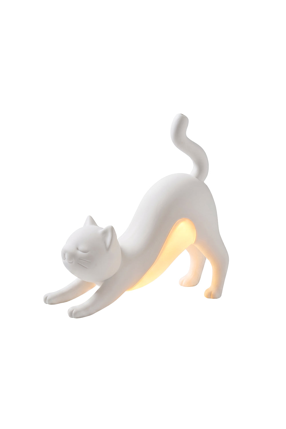 Stretching cat-shaped bedside lamp | white resin | isolated on white background | Samu Lamp