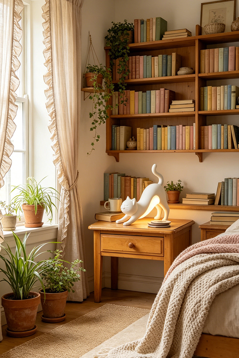 Cute cat night light | white resin | cozy bedroom setting with curtains | Samu Lamp