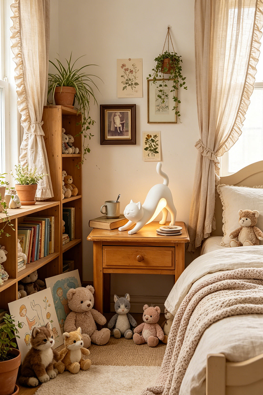 Serene feline warm glow lamp | resin | placed on a wooden bedroom nightstand | Samu Lamp