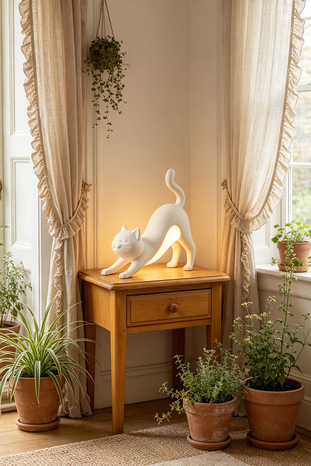 Artistic cat table lamp | resin | on a wooden console table with indoor plants | Samu Lamp