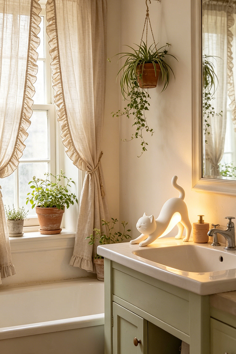 Cat-shaped decorative light | waterproof resin | on a bathroom vanity countertop | Samu Lamp