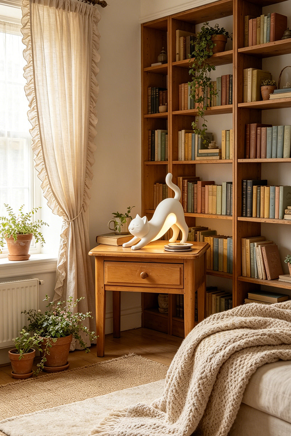 Elegant stretching cat table lamp | resin | on a rustic living room side table | Samu Lamp