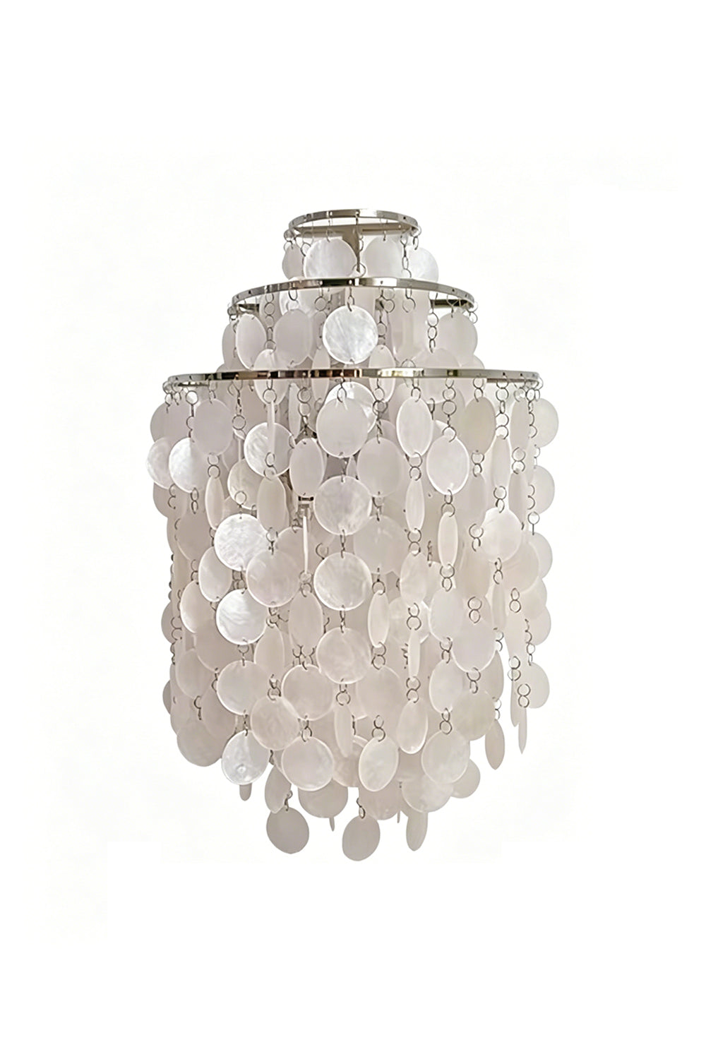 Unlit shell cascading wall light | Shell | Iron | Front view showing natural white shell discs on white background | Samu Lamp