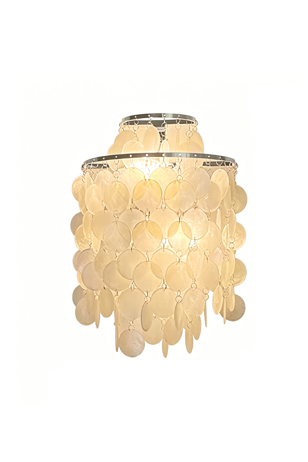 Cascading capiz shell wall light with tiered design | Shell | Iron | Lit front view on white background | Samu Lamp